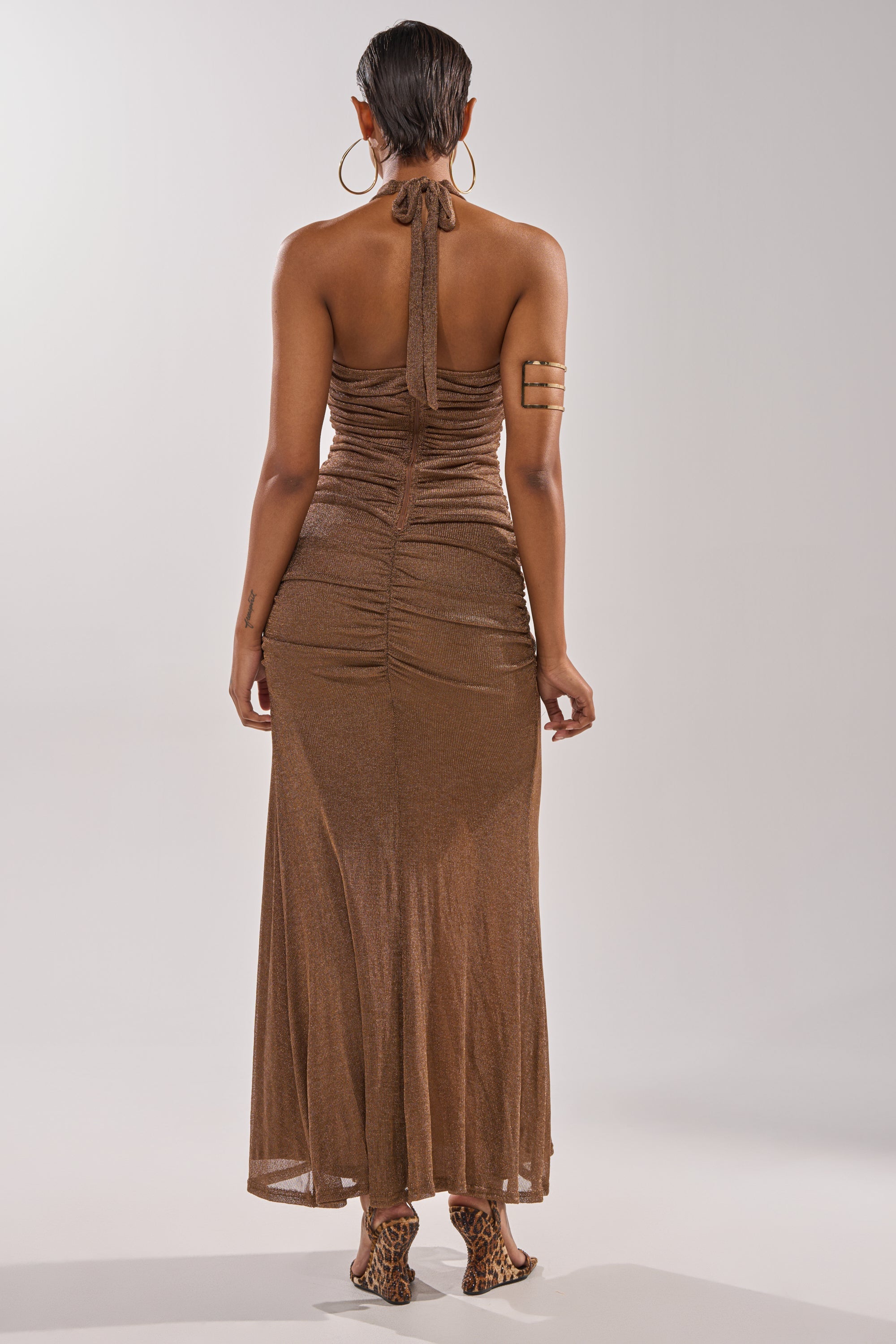 SERPENTI PLUNGE MAXI DRESS IN METALLIC BROWN