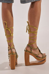 AKIRA GOLD RIN GREENSNAKE NOVELTY LACE UP WEDGE SANDAL