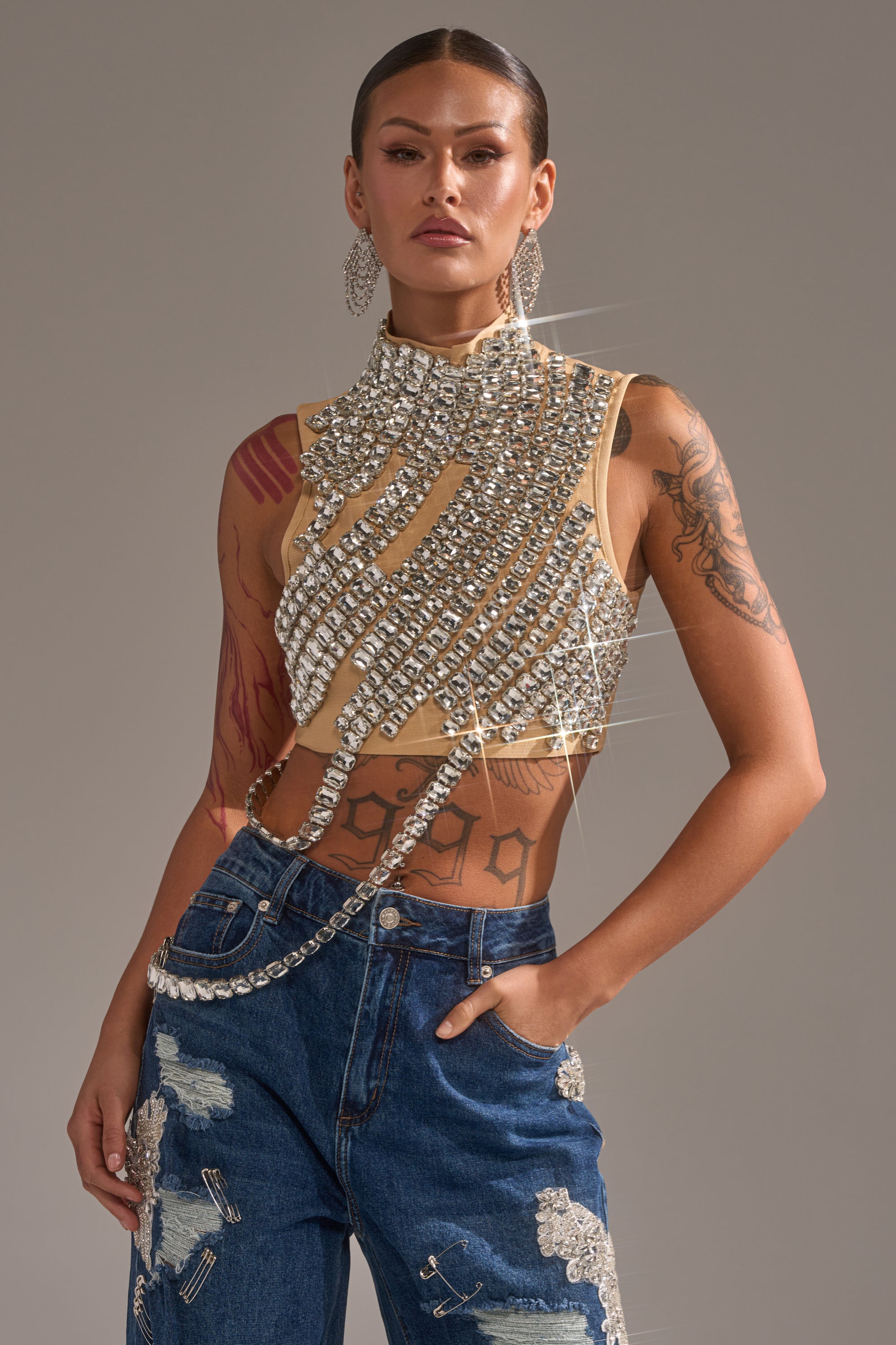 ITS YOUR TIME RHINESTONE MOCK NECK BLOUSE