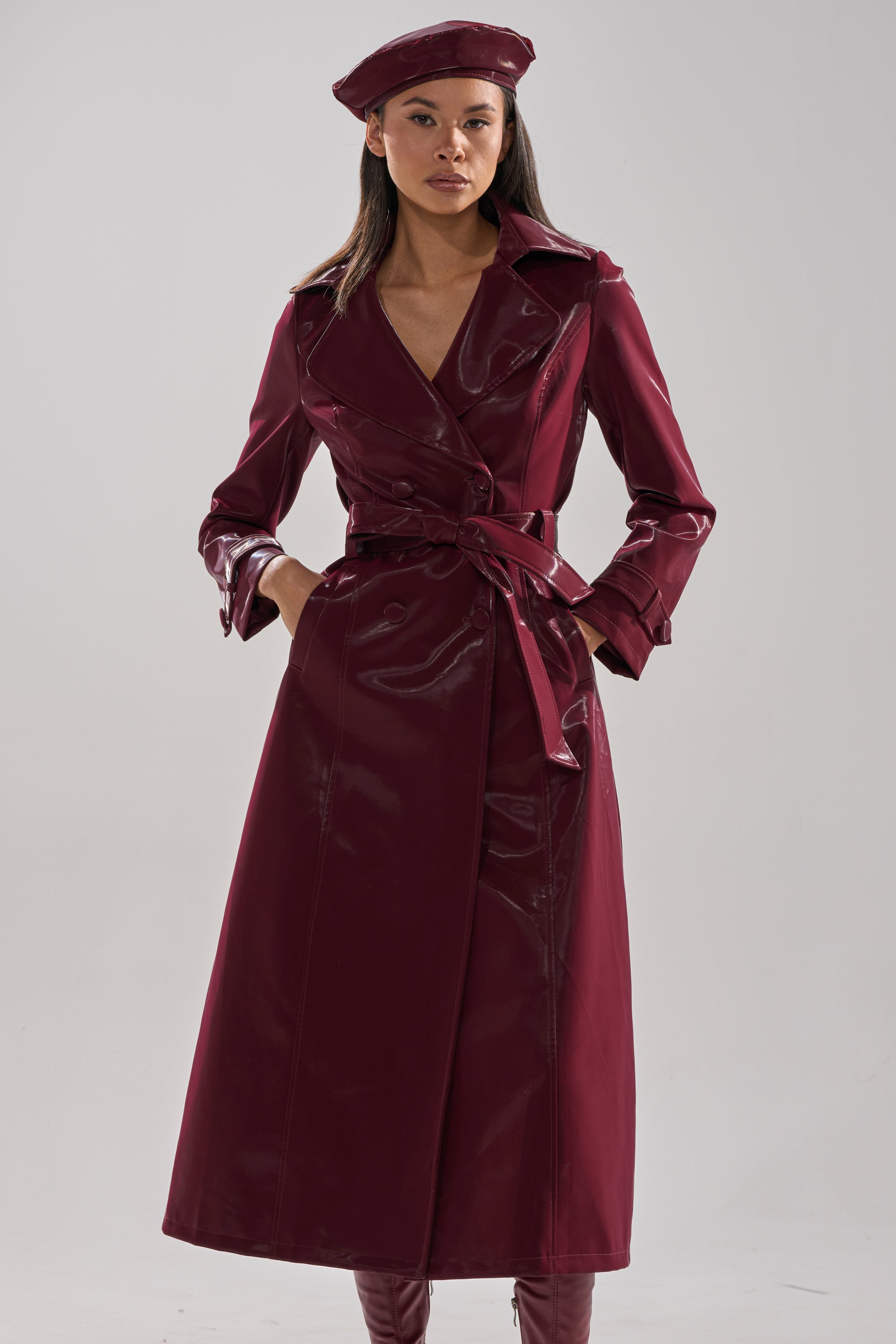 SANDO LIQUID VELVET TRENCH IN BURGUNDY