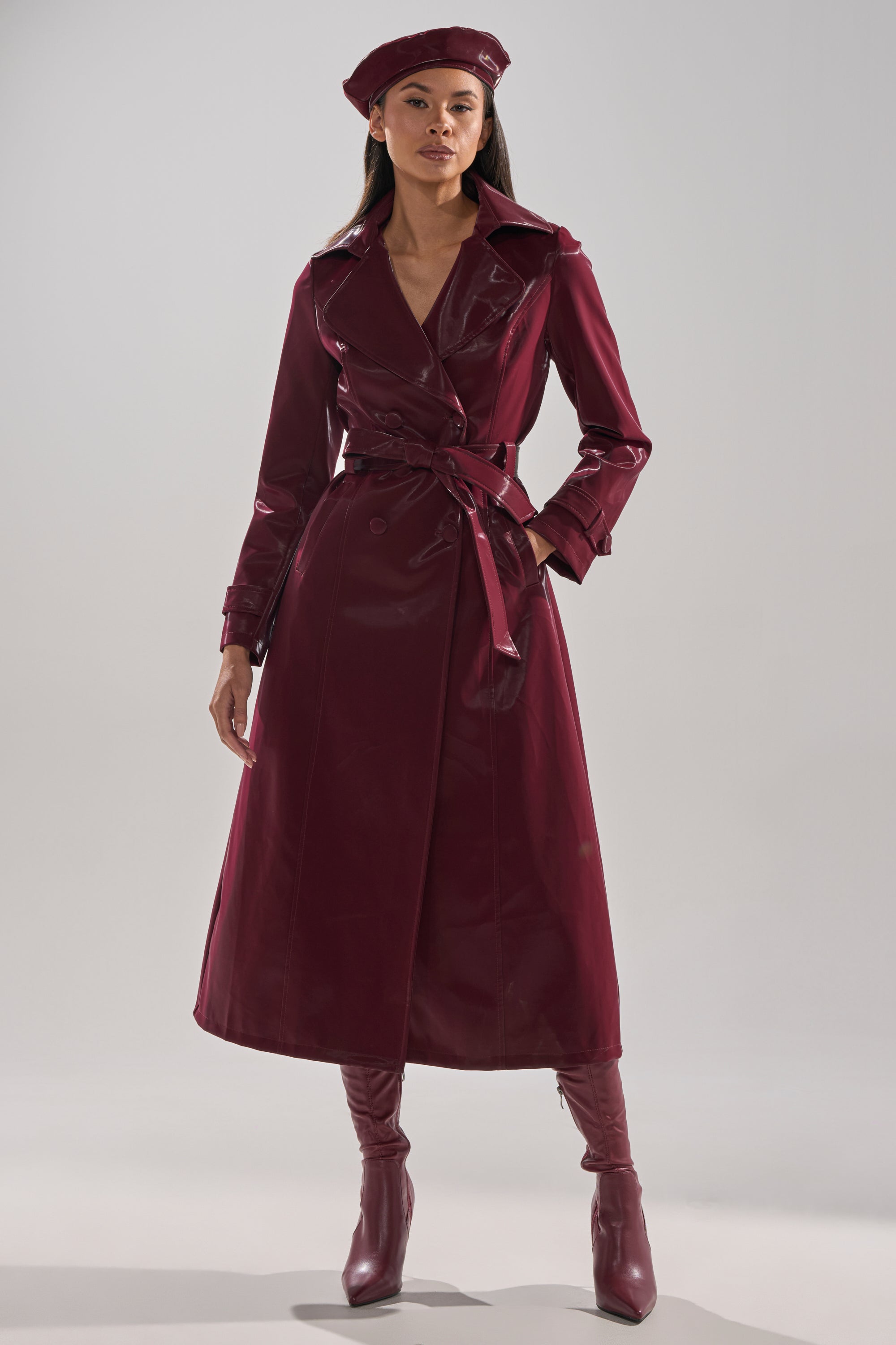 SANDO LIQUID VELVET TRENCH IN BURGUNDY