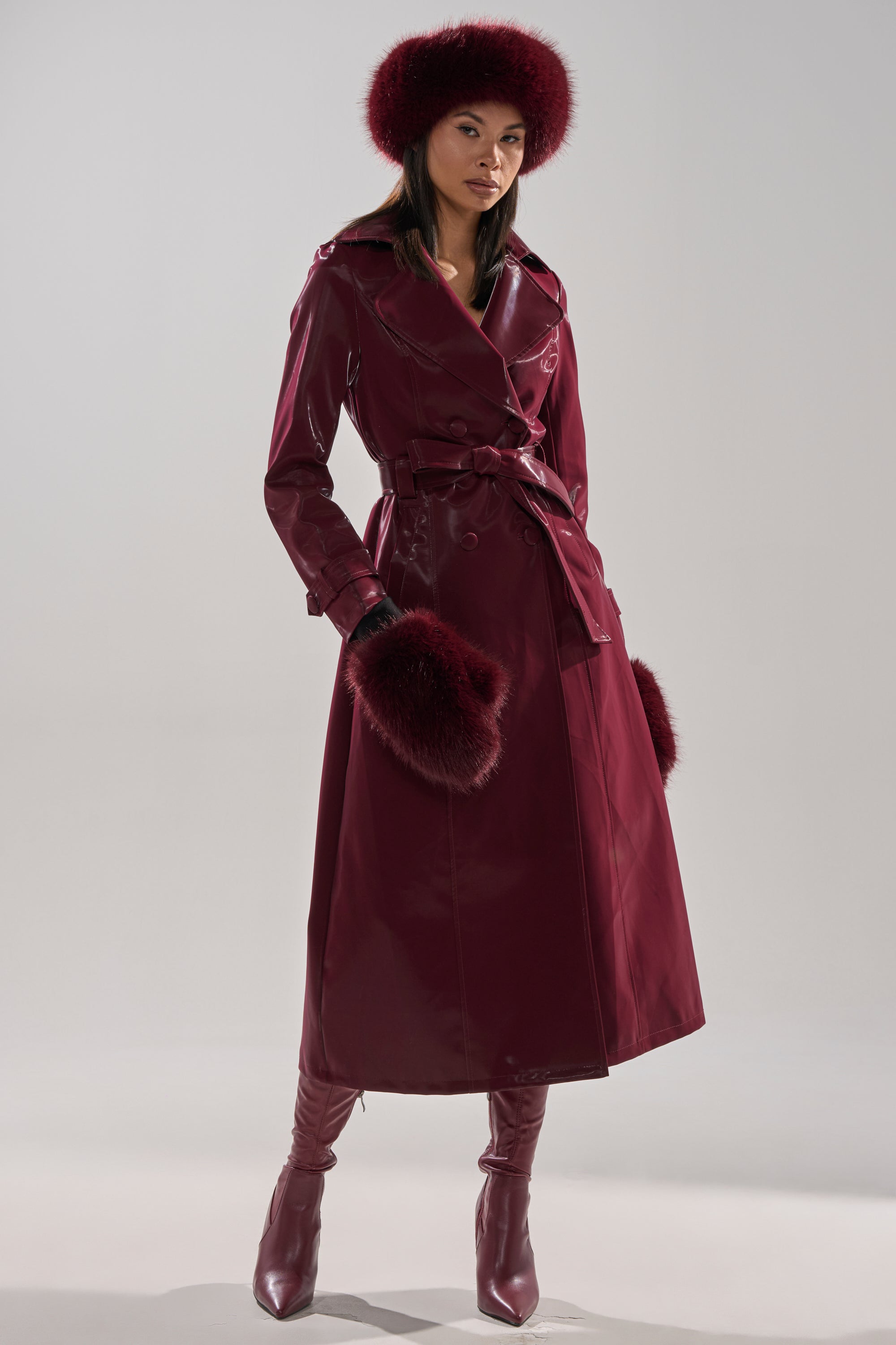 SANDO LIQUID VELVET TRENCH IN BURGUNDY