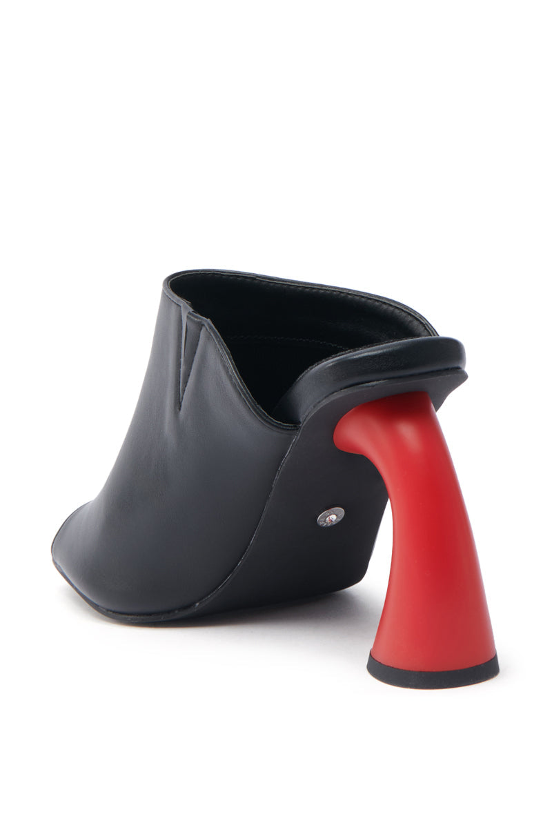 AZALEA WANG SIDLE BLACK SLIP ON MULE SANDAL WITH RED HEEL