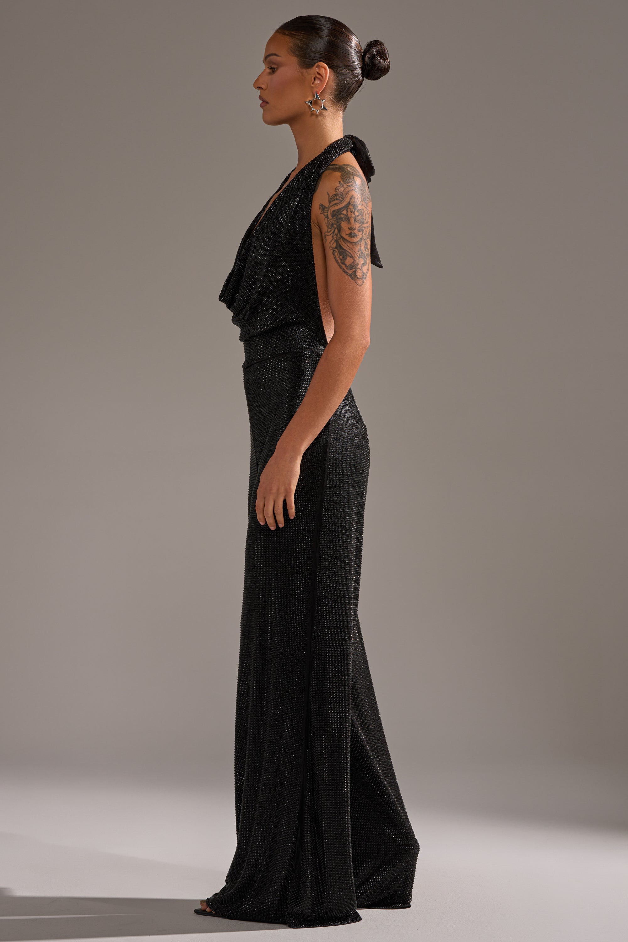 MAKE YOU DO A DOUBLE TAKE RHINESTONE JUMPSUIT IN BLACK