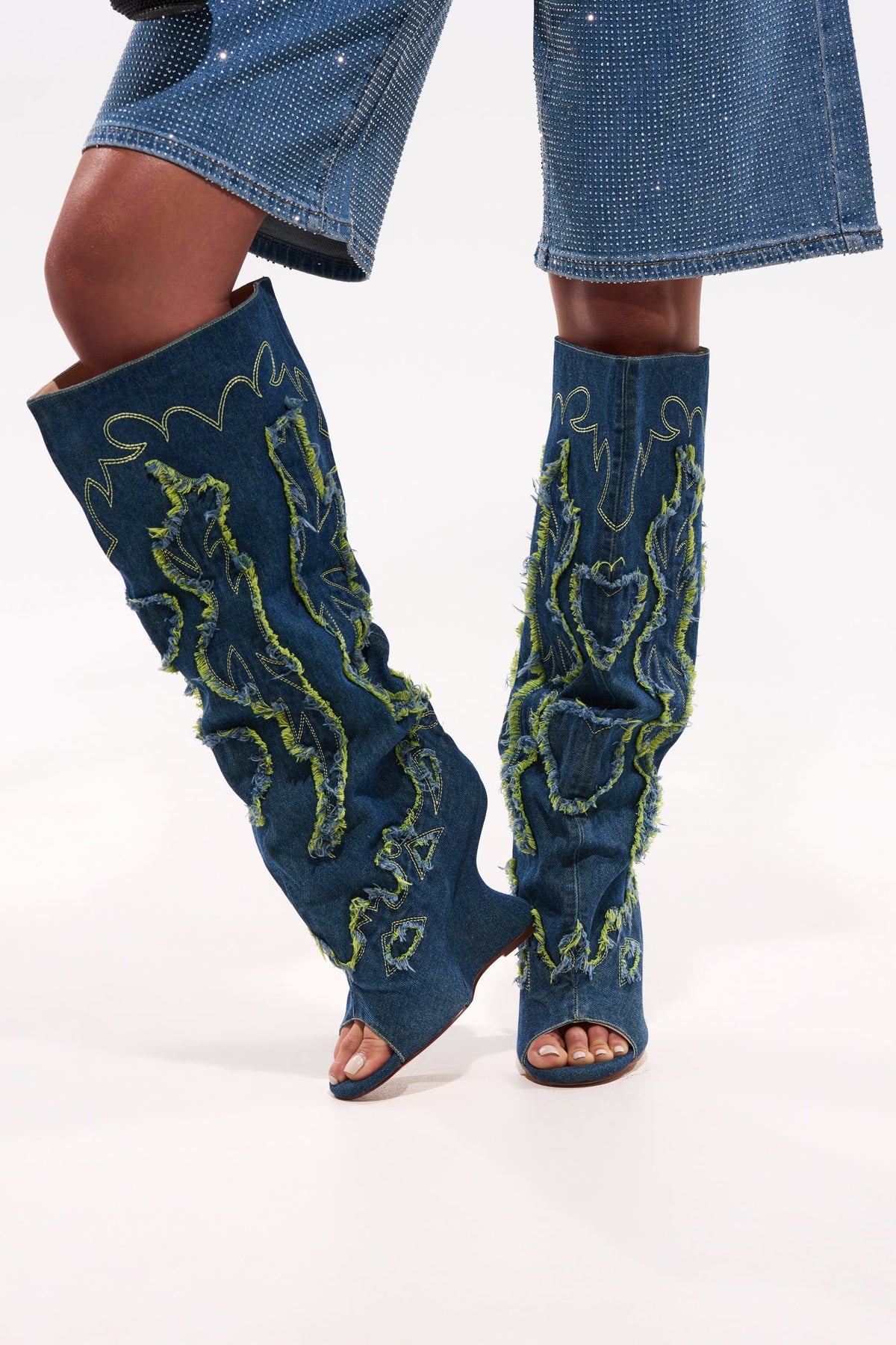 AZALEA WANG VIANCA GREEN MULTI DENIM WEDGE BOOT