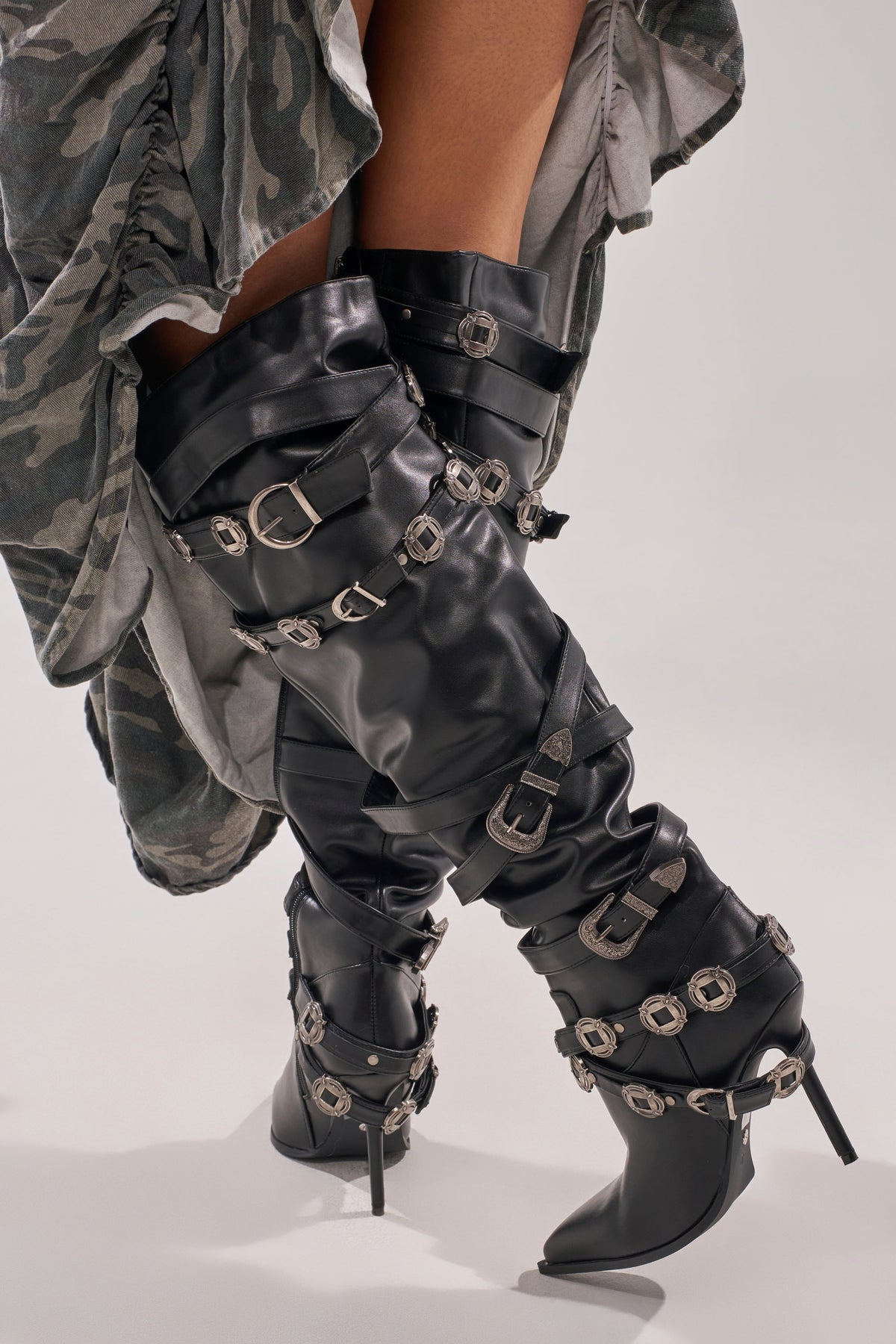 AKIRA GOLD XERXES BLACK STILETTO METAL EMBELLISHED BOOT