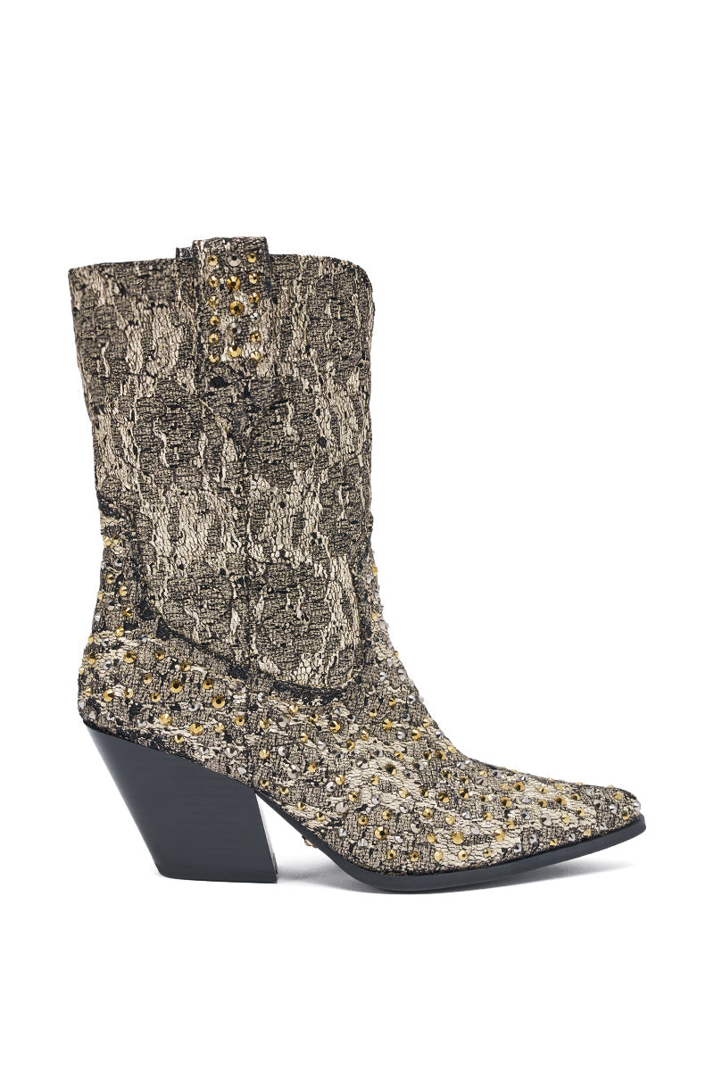 AZALEA WANG ZIRENNE GOLD AND BLACK BROCADE RHINETSTONE EMBELLISHED WESTERN BOOT