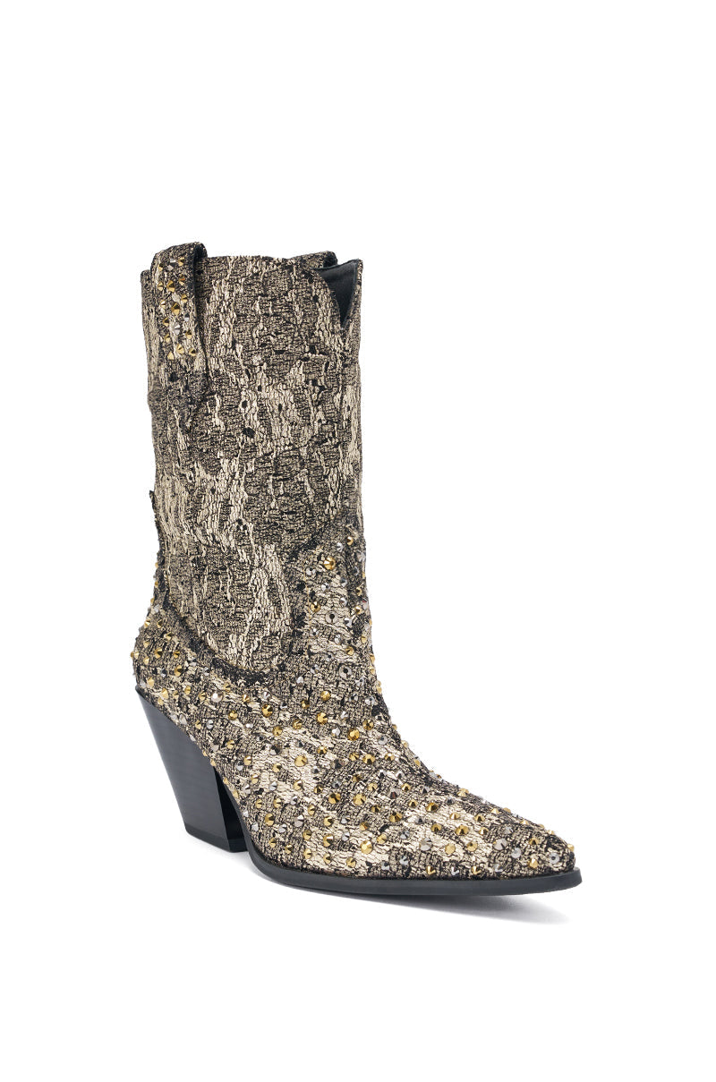 AZALEA WANG ZIRENNE GOLD AND BLACK BROCADE RHINETSTONE EMBELLISHED WESTERN BOOT