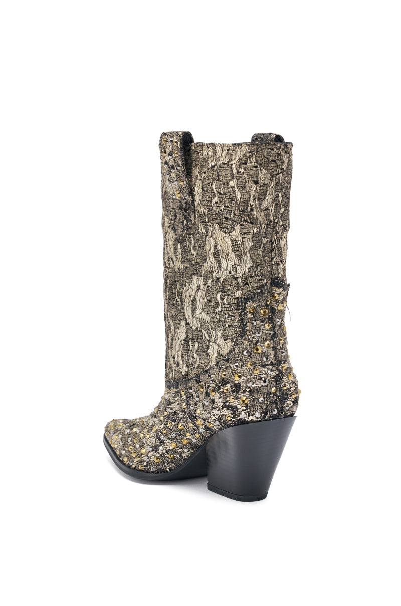 AZALEA WANG ZIRENNE GOLD AND BLACK BROCADE RHINETSTONE EMBELLISHED WESTERN BOOT
