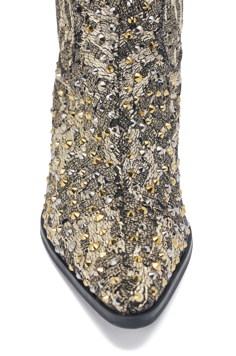 AZALEA WANG ZIRENNE GOLD AND BLACK BROCADE RHINETSTONE EMBELLISHED WESTERN BOOT