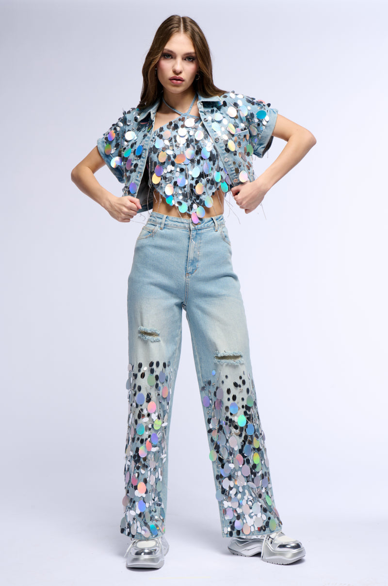 A GIRL NAMED LUCKY EMBELLISHED WIDE LEG RIPPED JEANS