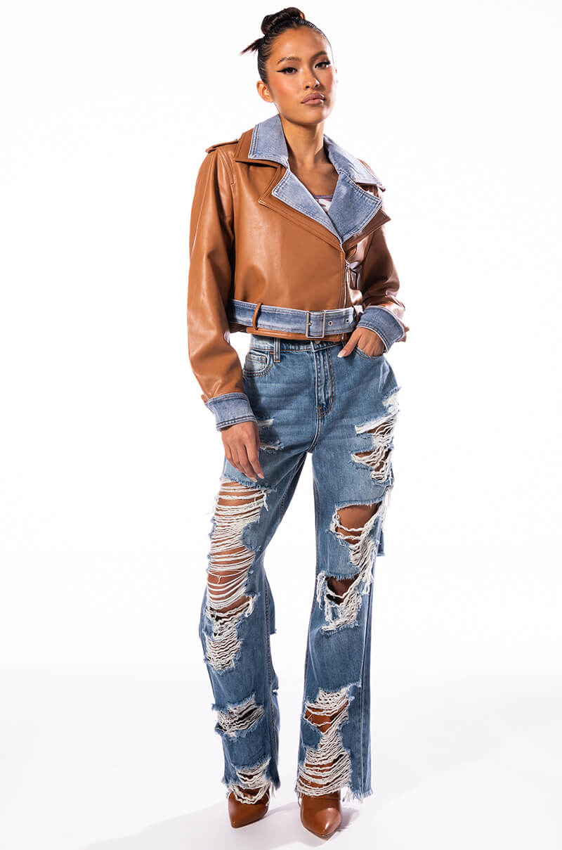 DOUBLE TROUBLE DENIM MOTO JACKET