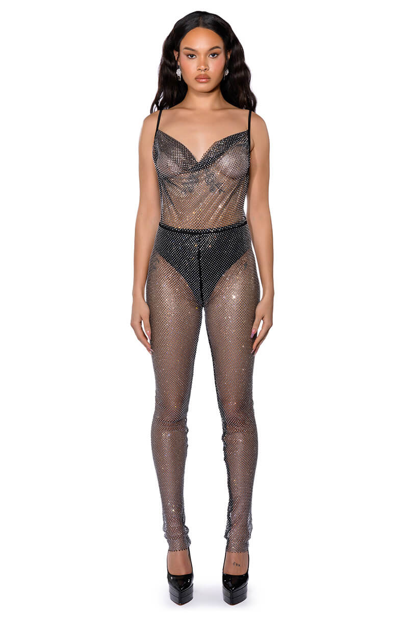 COWL NECK RHINESTONE MESH JUMPSUIT
