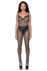 COWL NECK RHINESTONE MESH JUMPSUIT