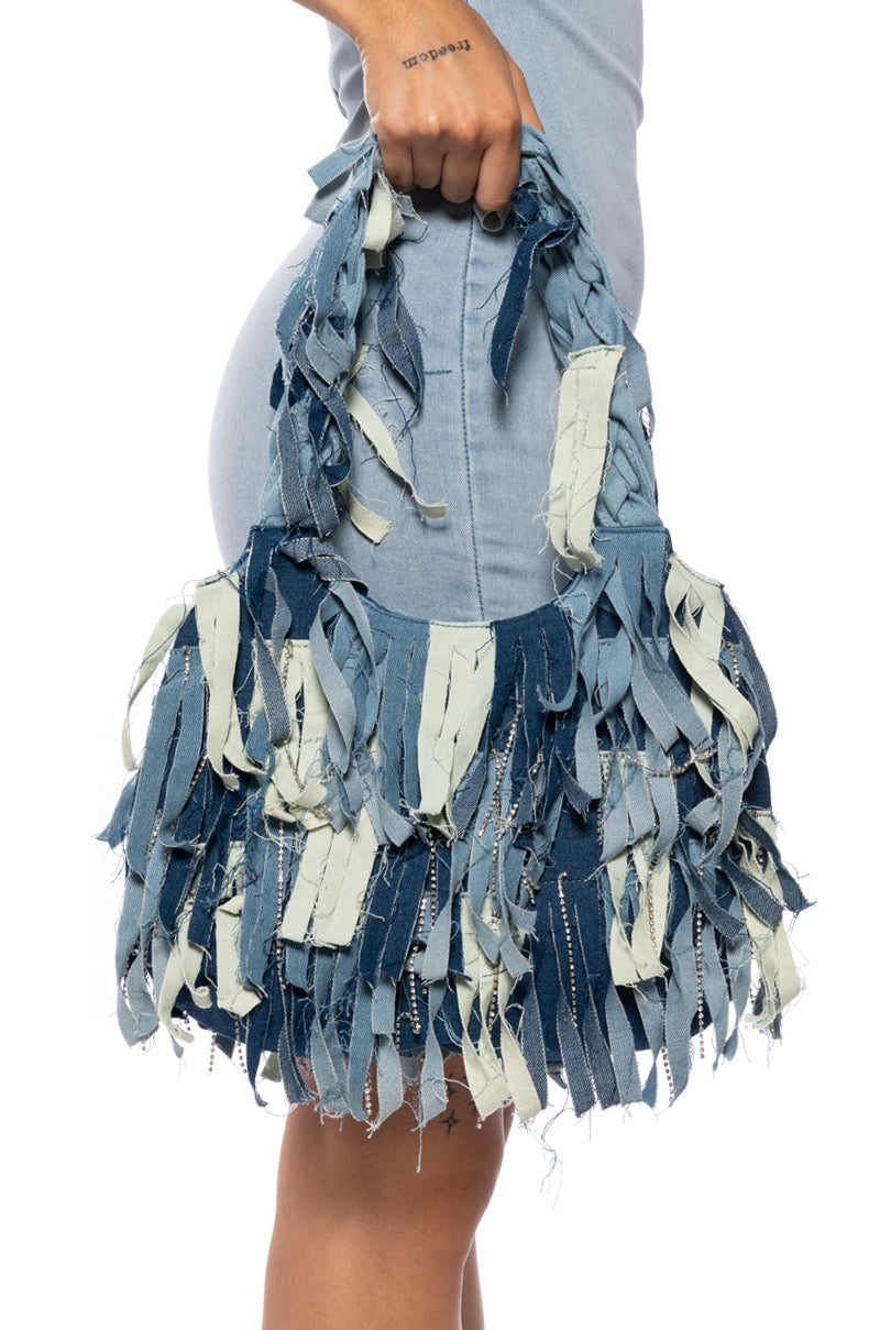 IVALO SHAGGY DENIM EMBELLISHED PURSE