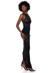 MESH FLORAL ONE SHOULDER MIDI RUCHED DRESS